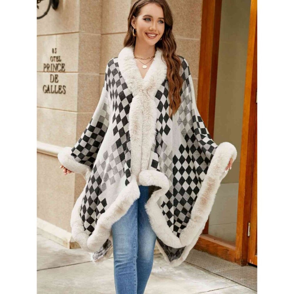 Large Plush Faux Fur Heavy Checker Pullover Oversized Sweater Jacket Poncho Coat